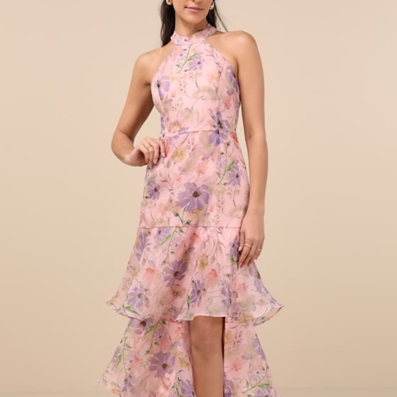 Lulus Forever Exceptional Light Pink Floral Halter Organza Maxi Dress - Size XS - Picture 1 of 1